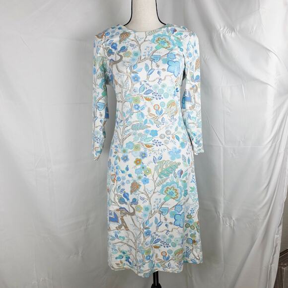 J.McLaughlin Dress Women XS White Blue Floral Long Sleeve A-Line Midi Retro - Picture 3 of 9